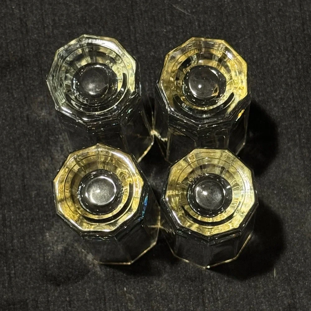 Vintage Octagonal Paneled Double Shot Glasses Set of 4 Gold Rim Heavy Base Bar